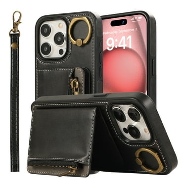 Dteck Wallet Case for iPhone 16 Pro Max, Magnetic Clasp Zipper Purse PU Leather Wristlet Wallet Case with Credit Card Slot Holder Back Flip Cover with Strap for iPhone 16 Pro Max 2024, Black