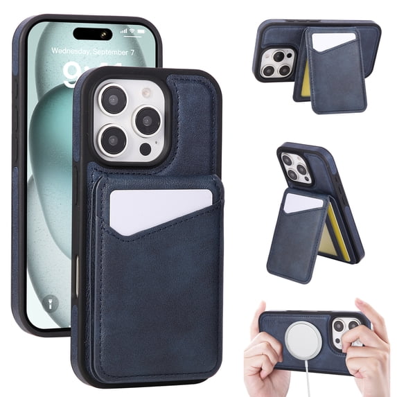 Dteck Wallet Case for iPhone 16 Pro Max, Shockproof Detachable Wallet Case with Card Holder, Women Men Magnetic PU Leather RFID Blocking Flip Kickstand Credit Slot Cover, Blue