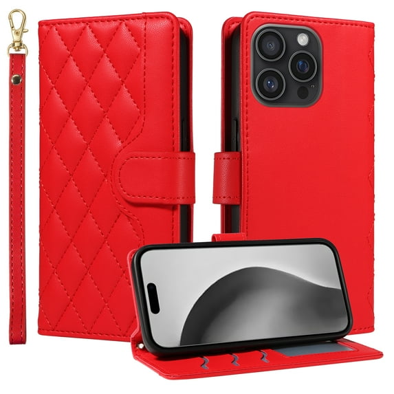 Dteck Wallet Case for iPhone 16 Pro Max with Wrist Strap Shoulder Strap, Shockproof Magnetic Multiple Card Slots Purse PU Leather Stand Phone Cover, Red