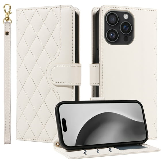 Dteck Wallet Case for iPhone 16 Pro Max with Wrist Strap Shoulder Strap, Shockproof Magnetic Multiple Card Slots Purse PU Leather Stand Phone Cover, White