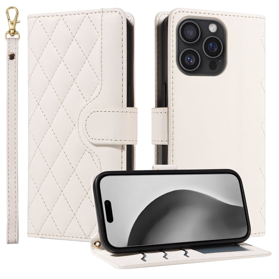 Dteck Wallet Case for iPhone 16 Pro with Wrist Strap Shoulder Strap, Shockproof Magnetic Multiple Card Slots Purse PU Leather Stand Phone Cover, White