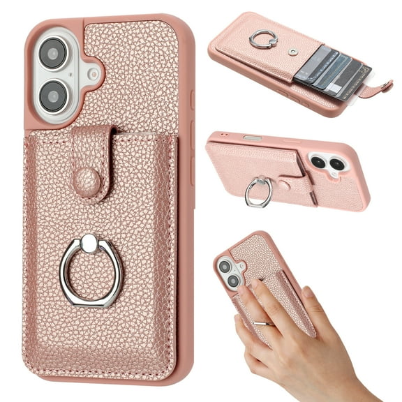 Dteck Wallet Case for iPhone 16,Shoockproof Magnetic Closure Card Slot Case with 360°Rotating Kickstand Lightweight Leather Back Phone Cover for iPhone 16,Rosegold