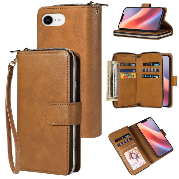 Dteck Wallet Case for iPhone 16E (2025), Shockproof Premium Magnetic Closure Zipper Pocket Folio PU Leather Flip Case Cover with 9 Card Slots Kickstand, Brown