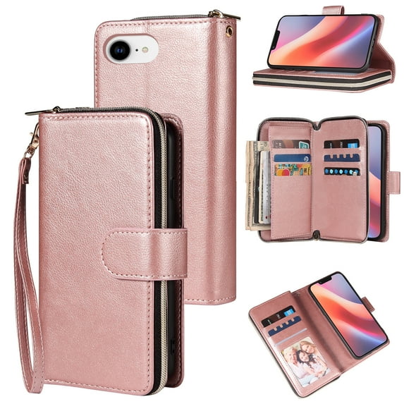 Dteck Wallet Case for iPhone 16E (2025), Shockproof Premium Magnetic Closure Zipper Pocket Folio PU Leather Flip Case Cover with 9 Card Slots Kickstand, Rosegold