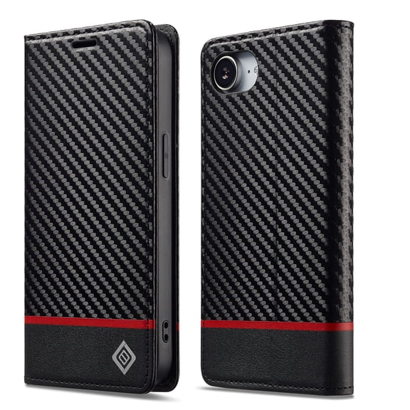 Dteck Wallet Case for iPhone 16E, Carbon Fiber Texture PU Leather Flip Folio Case with Card Holder Magnetic Closure Protective Cover for iPhone 16E,Black (Horizontal)