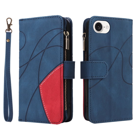 Dteck Wallet Case for iPhone 16e 6.1 Inch, 9-Card Holder Soft PU Leather Magnetic Flip Shoulder Strap Zipper Pocket Phone Case Fit for iPhone 16e,Blue