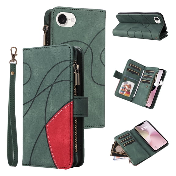 Dteck Wallet Case for iPhone 16e 6.1 Inch, 9-Card Holder Soft PU Leather Magnetic Flip Shoulder Strap Zipper Pocket Phone Case Fit for iPhone 16e,Green