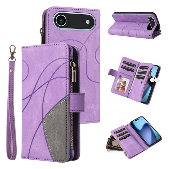 Dteck Wallet Case for iPhone 17 Air 6.6 Inch, 9-Card Holder Soft PU Leather Magnetic Flip Shoulder Strap Zipper Pocket Phone Case Fit for iPhone 17 Air,Purple
