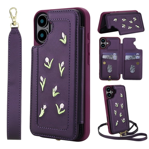 Dteck Wallet Case for iPhone 17,Magnetic Leather Card Slots Wallet Case Shockproof Rubber Kickstand Back Cover with Detachable Shoulder Strap/Wrist Strap,Purple