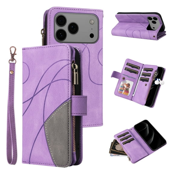 Dteck Wallet Case for iPhone 17 Pro Max 6.9 Inch, 9-Card Holder Soft PU Leather Magnetic Flip Shoulder Strap Zipper Pocket Phone Case Fit for iPhone 17 Pro Max,Purple