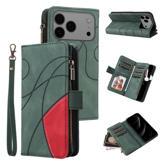 Dteck Wallet Case for iPhone 17 Pro Max 6.9 Inch, 9-Card Holder Soft PU Leather Magnetic Flip Shoulder Strap Zipper Pocket Phone Case Fit for iPhone 17 Pro Max,Green