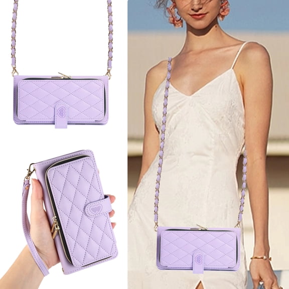 Dteck Wallet Case for iPhone 7 / 8 / SE 2022 & 2020, Zipper Case with Card Holder Slot, Soft PU Leather Zipper Purse with Wristlet Strap Crossbody Chain Lanyard,Light Purple