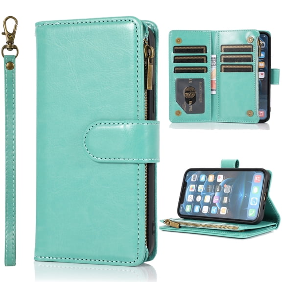 Dteck Wallet Case for iPhone 8 Plus/7 Plus, Premium PU Leather Zipper Flip 9 Card Slots Wallet with Wrist Strap Magnetic Closure Built-in Kickstand Protective Case,Green