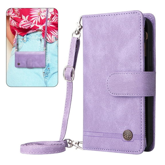 Dteck Wallet Case for iPhone 8 Plus / iPhone 7 Plus, Soft PU Leather Handbag Purse Zipper Pocket Card Holder Wallet for Women Men, Crossbody Wallet Phone Case with Strap, Purple