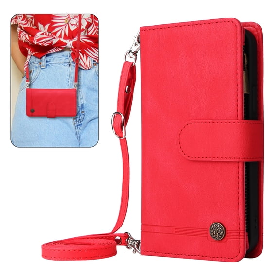 Dteck Wallet Case for iPhone 8/ iPhone 7 / iPhone SE 2022 & 2020, Soft PU Leather Handbag Purse Zipper Pocket Card Holder Wallet for Women Men, Crossbody Wallet Phone Case with Strap, Red