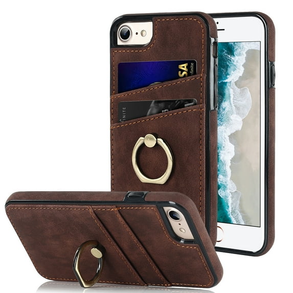 Dteck Wallet Case for iPhone 8 / iPhone 7 / iPhone SE 3rd Gen 2022 / iPhone SE 2nd Gen 2020, Slim PU Leather Card Holder Case with Ring Holder Stand, Coffee