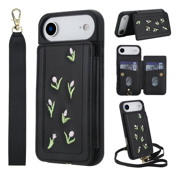 Dteck Wallet Case for iPhone Air,Magnetic Leather Card Slots Wallet Case Shockproof Rubber Kickstand Back Cover with Detachable Shoulder Strap/Wrist Strap,Black