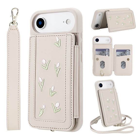 Dteck Wallet Case for iPhone Air,Magnetic Leather Card Slots Wallet Case Shockproof Rubber Kickstand Back Cover with Detachable Shoulder Strap/Wrist Strap,White