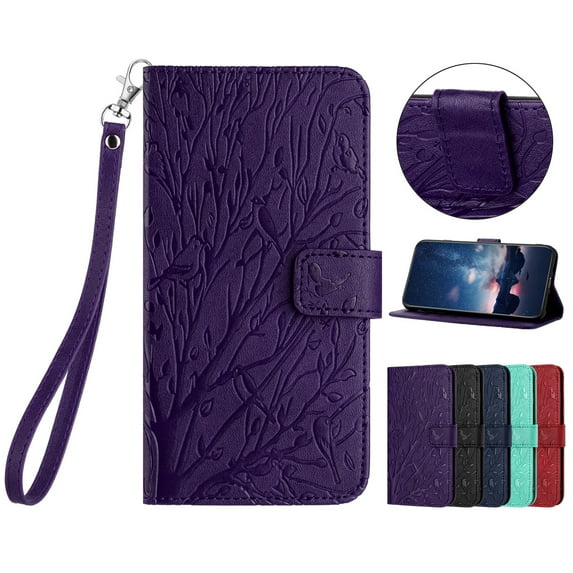 Dteck Wallet Case for iPhone XR with Card Holder,Embossed Tree PU Leather Kickstand Case for Women Men,Wrist Strap Flip Folio Case for iPhone XR,Purple