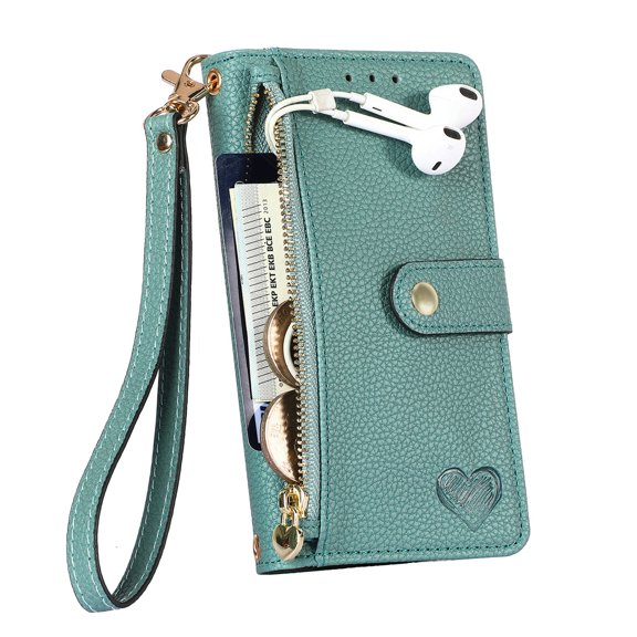 Dteck Wallet Case for iPhone XS Max, RFID Blocking 7 Card Slots Magnetic Zipper Purse with Wristlet Strap Stand PU Leather Shockproof TPU Shell Compatible with iPhone XS Max,Green
