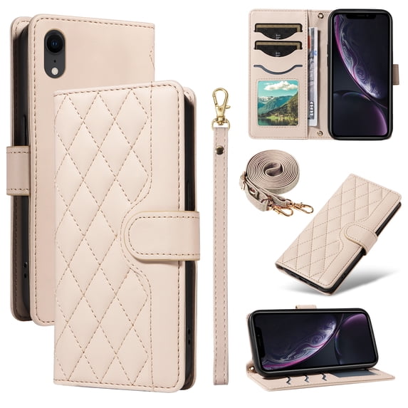Dteck Wallet Case for iPhone XS Max with Wrist Strap Shoulder Strap, Shockproof Magnetic Multiple Card Slots Purse PU Leather Stand Phone Cover, Beige