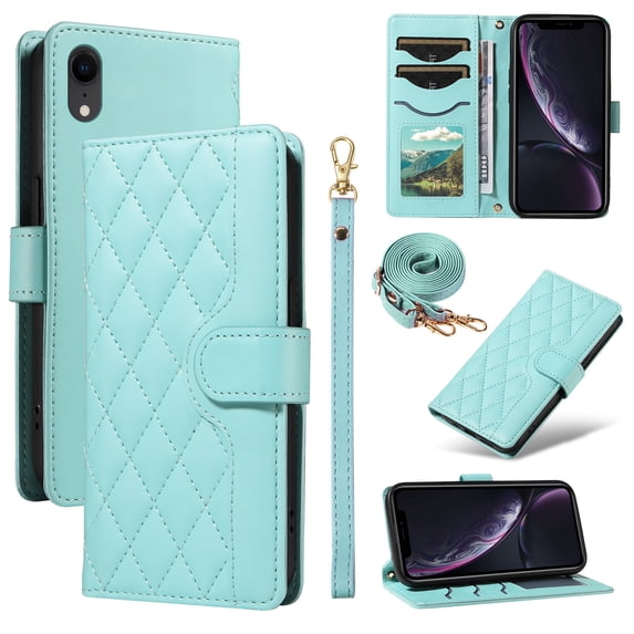 Dteck Wallet Case for iPhone XS Max with Wrist Strap Shoulder Strap, Shockproof Magnetic Multiple Card Slots Purse PU Leather Stand Phone Cover, Green