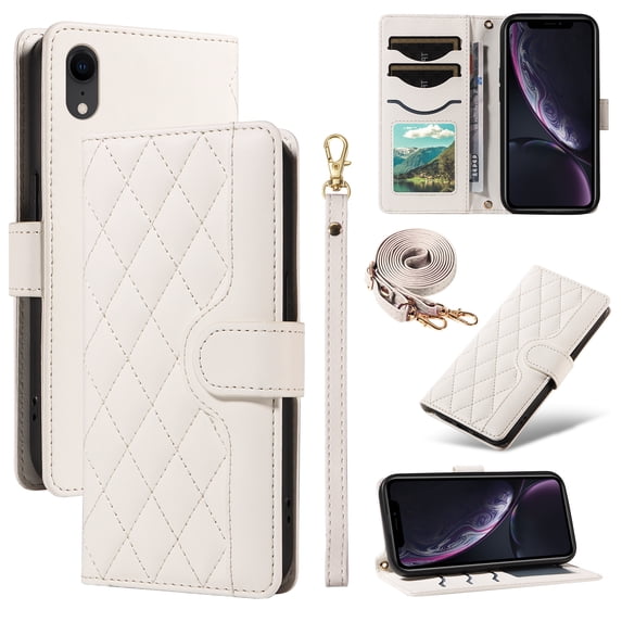 Dteck Wallet Case for iPhone XS Max with Wrist Strap Shoulder Strap, Shockproof Magnetic Multiple Card Slots Purse PU Leather Stand Phone Cover, White