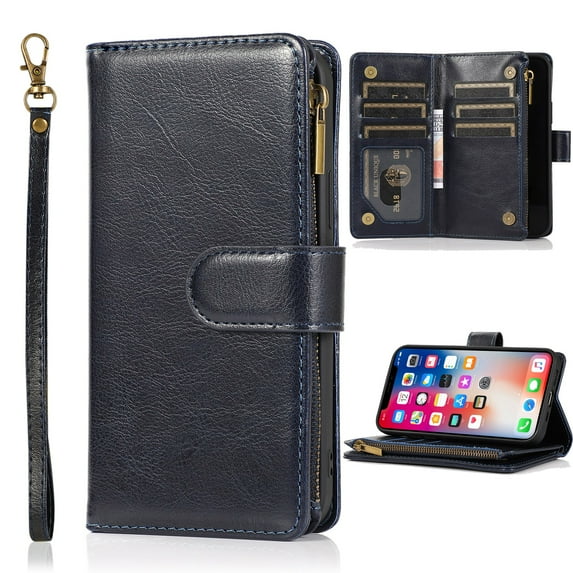 Dteck Wallet Case for iPhone XS/X, Premium PU Leather Zipper Flip 9 Card Slots Wallet with Wrist Strap Magnetic Closure Built-in Kickstand Protective Case,Blue
