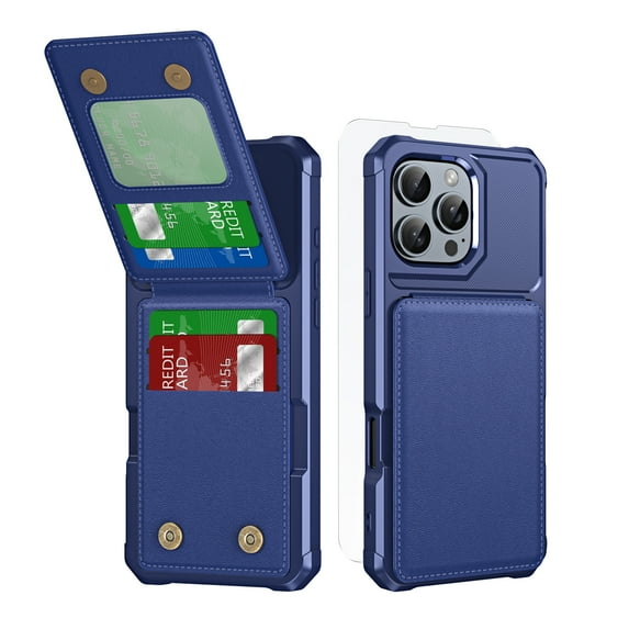 Dteck Wallet Case with Tempered Glass Screen Protector for iPhone 16 Pro,Magnetic Leather Card Slots Case Shockproof Flip Rubber Stand Cover,Darkblue