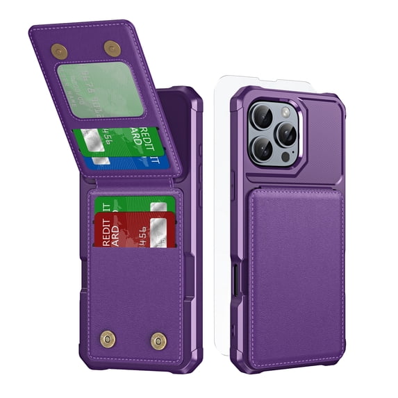 Dteck Wallet Case with Tempered Glass Screen Protector for iPhone 16 Pro,Magnetic Leather Card Slots Case Shockproof Flip Rubber Stand Cover,Purple