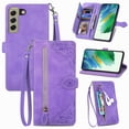 thumbnail image 1 of Dteck Wallet Cover Case for Samsung Galaxy S21 FE 5G Phone, Embossed Luxury Flower Pattern PU Leather Shockproof Wrist Strap Kickstand Zipper Card Holder Protective Case for Samsung S21 FE, Purple, 1 of 8
