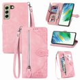 thumbnail image 1 of Dteck Wallet Cover Case for Samsung Galaxy S21 FE 5G Phone, Embossed Luxury Flower Pattern PU Leather Shockproof Wrist Strap Kickstand Zipper Card Holder Protective Case for Samsung S21 FE, Pink, 1 of 8