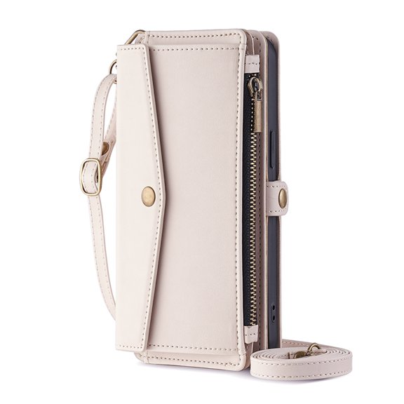 Dteck Wallet Crossbody Bag Case for Google Pixel 9 / 9 Pro,Magnetic Leather Zipper Pocket Built-in Card Slots Case Shockproof Full Body Protective Kicktand Cover with Wrist/Shoulder Strap,White