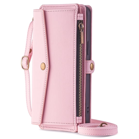 Dteck Wallet Crossbody Bag Case for Google Pixel 9 Pro XL,Magnetic Leather Zipper Pocket Built-in Card Slots Case Shockproof Full Body Protective Kicktand Cover with Wrist/Shoulder Strap,Pink