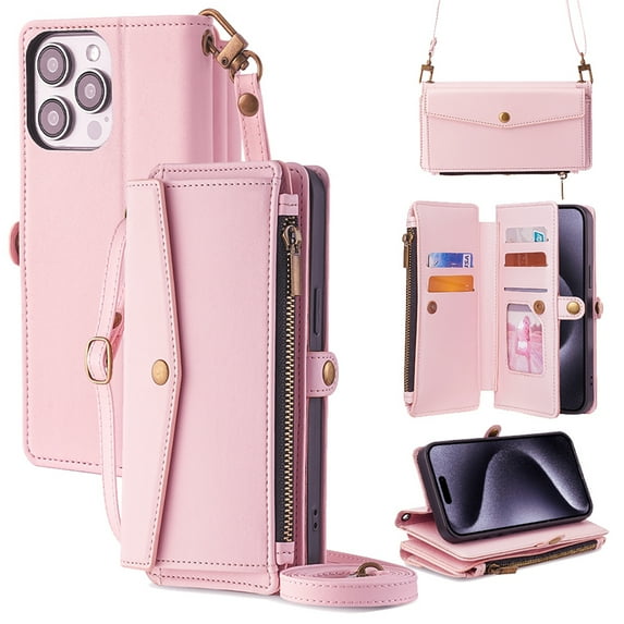 Dteck Wallet Crossbody Bag Case for iPhone 11 Pro,Magnetic Leather Zipper Pocket Built-in Card Slots Case Shockproof Full Body Protective Kicktand Cover with Wrist/Shoulder Strap,Pink
