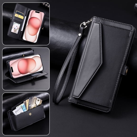 Dteck Wallet Crossbody Case for iPhone 11 Pro, Shockproof Wallet Bills Slot Pockets Compatible with Women Card Holder RFID Blocking Case, Black