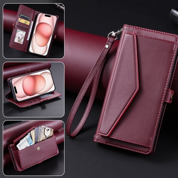Dteck Wallet Crossbody Case for iPhone 13 Pro Max, Shockproof Wallet Bills Slot Pockets Compatible with Women Card Holder RFID Blocking Case, Winered
