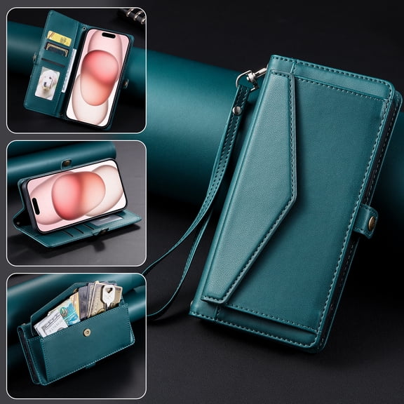 Dteck Wallet Crossbody Case for iPhone 14 Pro, Shockproof Wallet Bills Slot Pockets Compatible with Women Card Holder RFID Blocking Case, Green