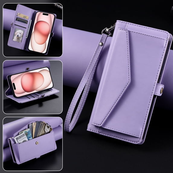 Dteck Wallet Crossbody Case for iPhone 16 Pro Max, Shockproof Wallet Bills Slot Pockets Compatible with Women Card Holder RFID Blocking Case, Purple