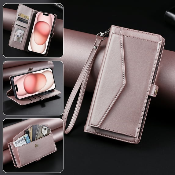 Dteck Wallet Crossbody Case for iPhone 12 Pro / 12, Shockproof Wallet Bills Slot Pockets Compatible with Women Card Holder RFID Blocking Case, Rosegold