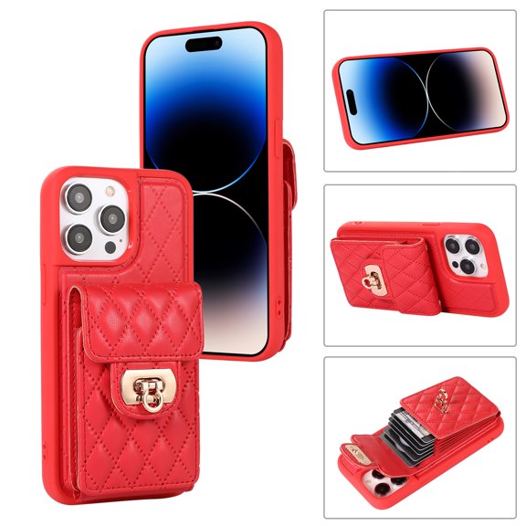 Dteck Wallet Crossbody Case for iPhone 14 Pro, Shockproof Leather Card Pocket Fashion Bag Case Heavy Duty Rubber Kickstand Cover with Shoulder Strap, Red