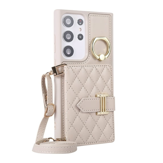 Dteck Wallet Crossbody for Samsung Galaxy A52 Case with Lanyard Wrist Strap Credit Card Holder, PU Leather Protective Phone Case with Ring Holder,Beige