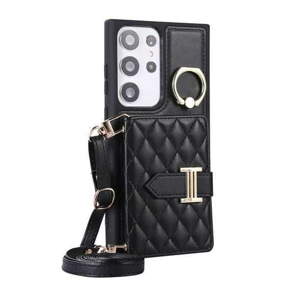 Dteck Wallet Crossbody for Samsung Galaxy A52 Case with Lanyard Wrist Strap Credit Card Holder, PU Leather Protective Phone Case with Ring Holder,Black