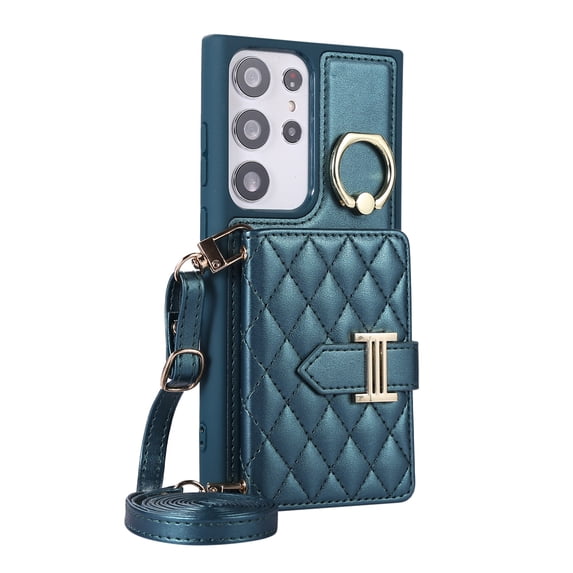 Dteck Wallet Crossbody for Samsung Galaxy S21 Ultra Case with Lanyard Wrist Strap Credit Card Holder, PU Leather Protective Phone Case with Ring Holder,Green