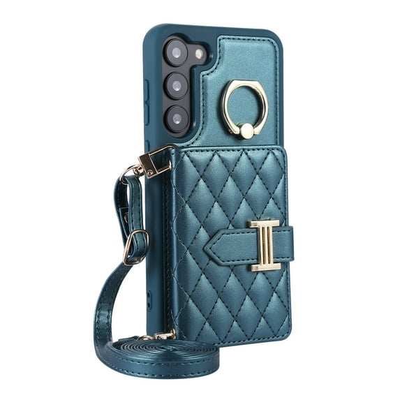 Dteck Wallet Crossbody for Samsung Galaxy S22 Case with Lanyard Wrist Strap Credit Card Holder, PU Leather Protective Phone Case with Ring Holder,Green