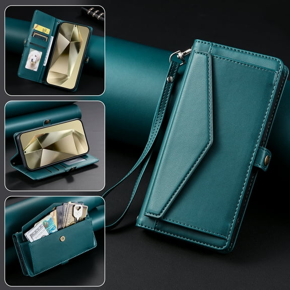 Dteck Wallet Crossbody Shoulder Strap Case for Samsung Galaxy S23 Plus, Shockproof RFID Blocking Wallet Bills Slot Pockets Compatible with Women Card Holder Cover, Green