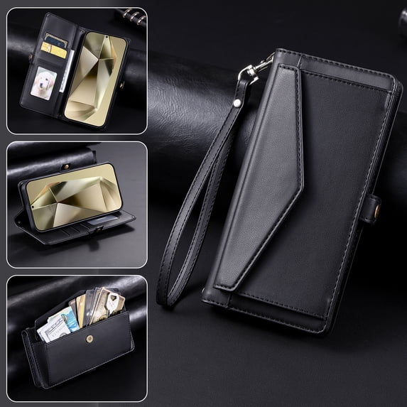 Dteck Wallet Crossbody Shoulder Strap Case for Samsung Galaxy S23, Shockproof RFID Blocking Wallet Bills Slot Pockets Compatible with Women Card Holder Cover, Black