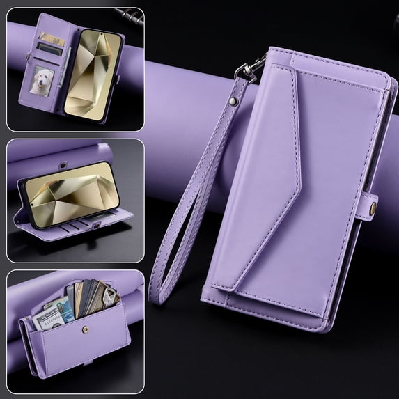 Dteck Wallet Crossbody Shoulder Strap Case for Samsung Galaxy S23, Shockproof RFID Blocking Wallet Bills Slot Pockets Compatible with Women Card Holder Cover, Purple