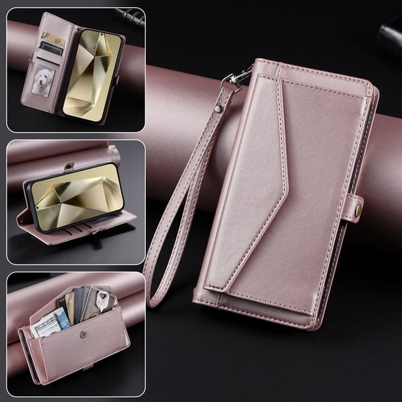 Dteck Wallet Crossbody Shoulder Strap Case for Samsung Galaxy S23, Shockproof RFID Blocking Wallet Bills Slot Pockets Compatible with Women Card Holder Cover, Rosegold