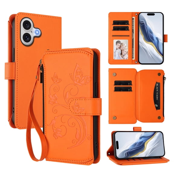 Dteck Wallet Crossbody Strap Case for iPhone 17,Magnetic Leather+TPU Card Slots Zipper Wallet Case Shockproof Kickstand Cover with Detachable Wrist Strap / Shoulder Strap,Orange